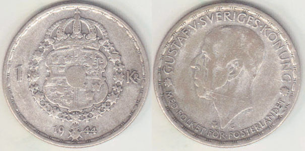 1944 Sweden silver 1 Krona A003552